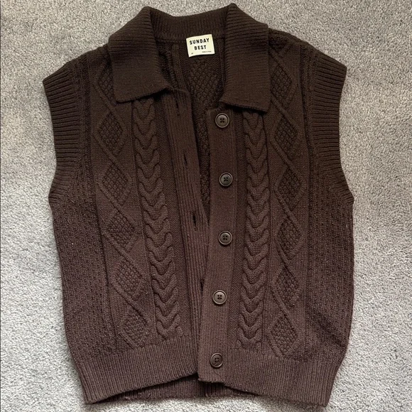 Sunday Best Dark Brown Wool Cable Knit Button-Up Sweater Vest - Picture 1 of 2